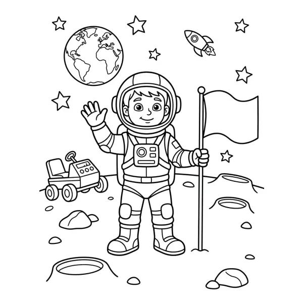 Coloriage Coloriage Astronaute et Drapeau à imprimer