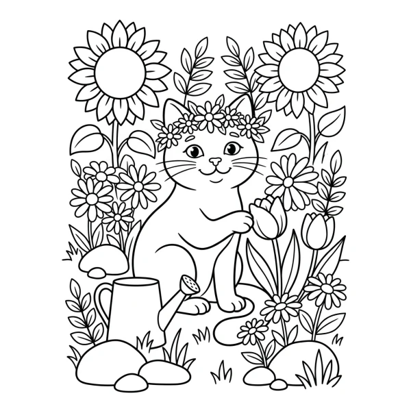 Coloriage Coloriage Chat avec des Fleurs à imprimer
