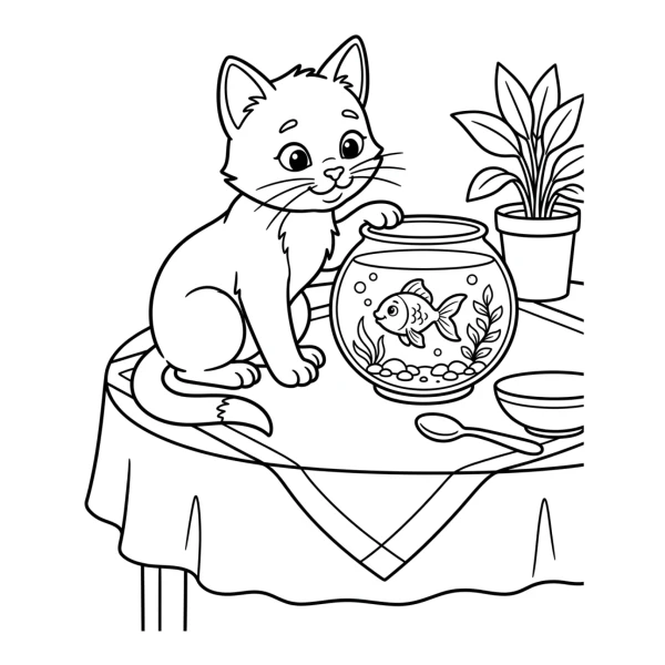 Coloriage Coloriage Chat et Poisson Rouge à imprimer