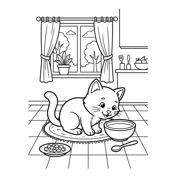 Coloriage Coloriage Chat et son Bol de Lait à imprimer