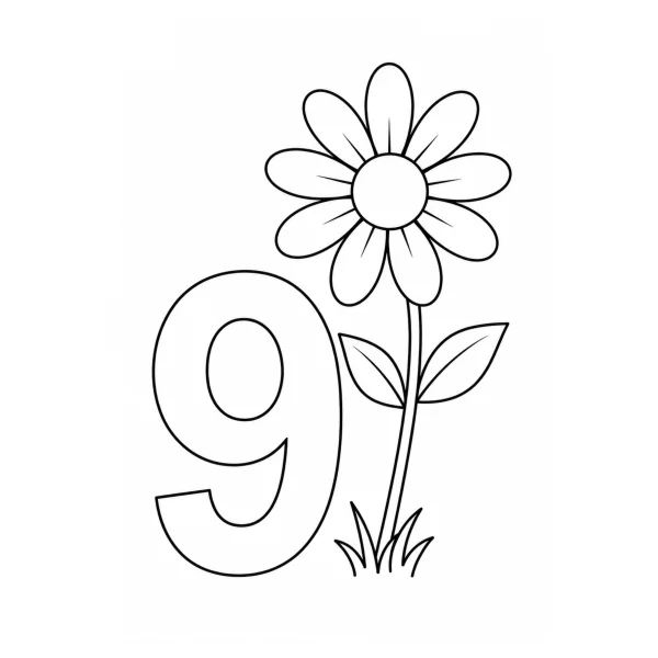 Coloriage Coloriage Chiffre 9 Neuf Pétales à imprimer