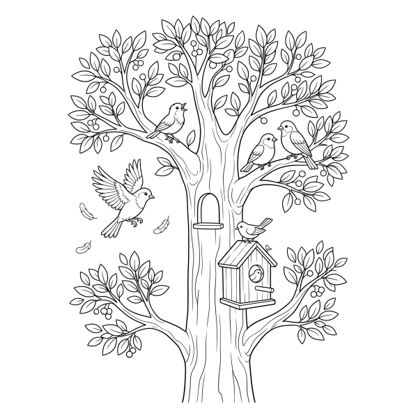 Coloriage Coloriage Arbre et Oiseaux à imprimer