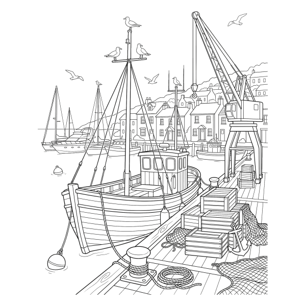 Coloriage Coloriage Bateau au Port à imprimer