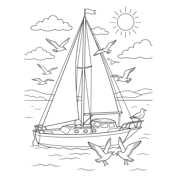 Coloriage Coloriage Bateau et Mouettes à imprimer
