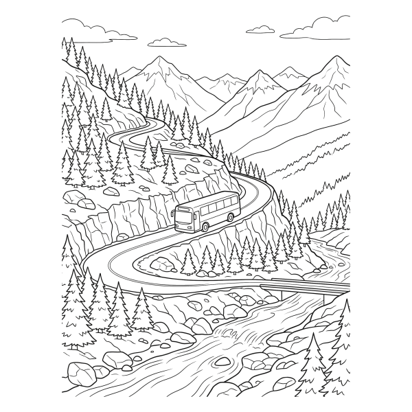 Coloriage Coloriage Bus sur la Route de Montagne à imprimer