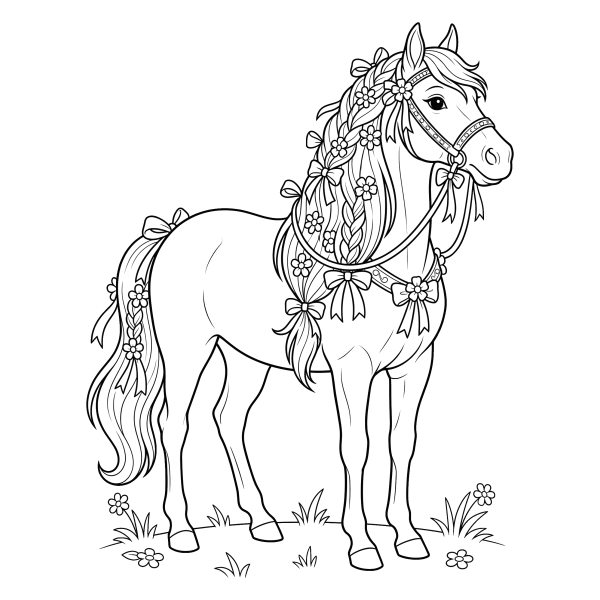 Coloriage Coloriage Cheval avec des Rubans dans la Crinière à imprimer