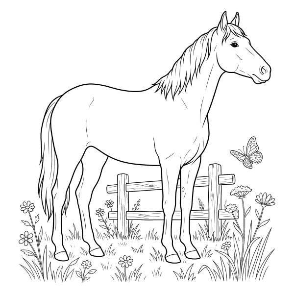 Coloriage Coloriage Cheval dans le Pré à imprimer