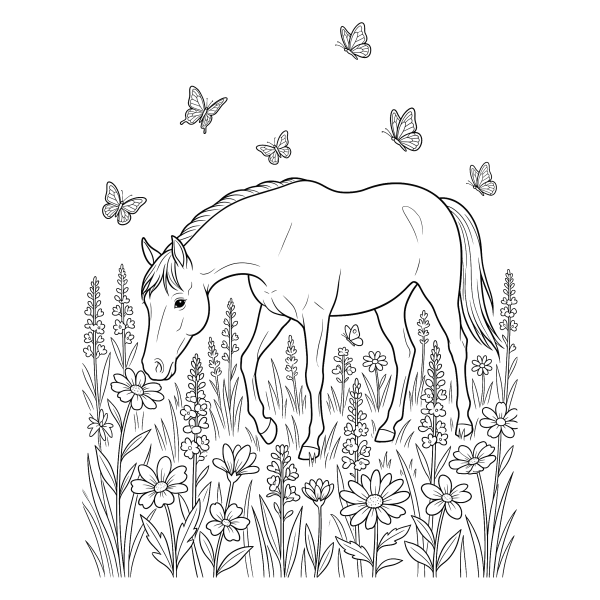 Coloriage Coloriage Cheval dans un Champ de Fleurs à imprimer