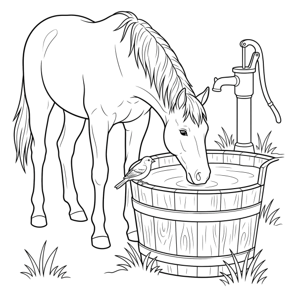 Coloriage Coloriage Cheval qui Boit à l'Abreuvoir à imprimer