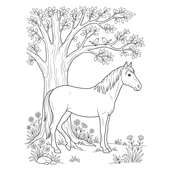 Coloriage Coloriage Cheval sous un Arbre à imprimer