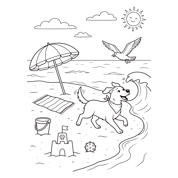 Coloriage Coloriage Chien à la Plage à imprimer
