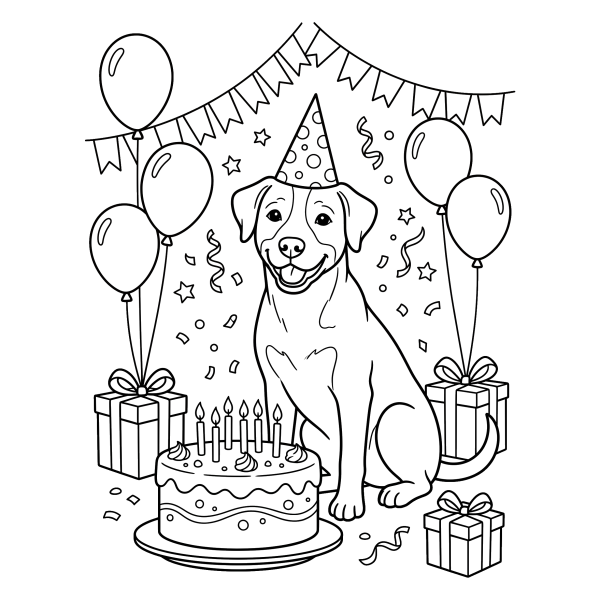 Coloriage Coloriage Chien avec un Chapeau d'Anniversaire à imprimer