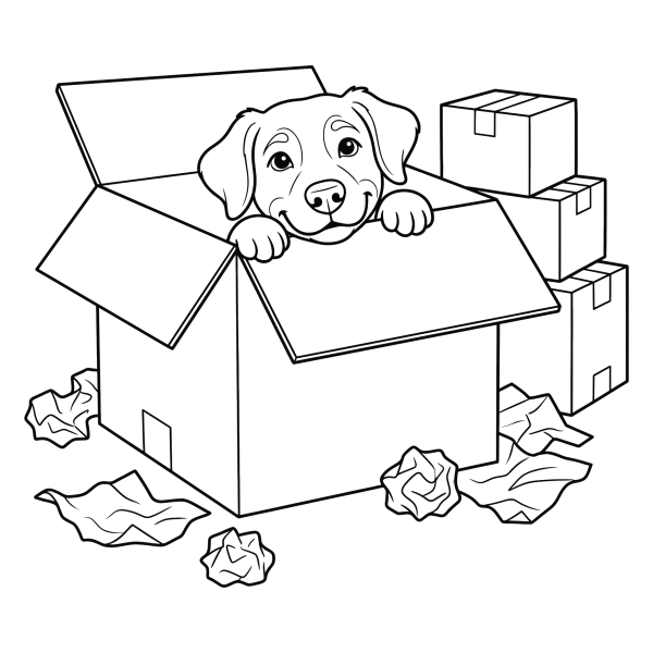Coloriage Coloriage Chien dans un Carton à imprimer