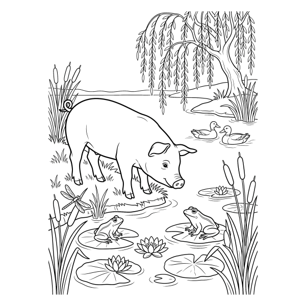 Coloriage Coloriage Cochon au Bord de la Mare à imprimer