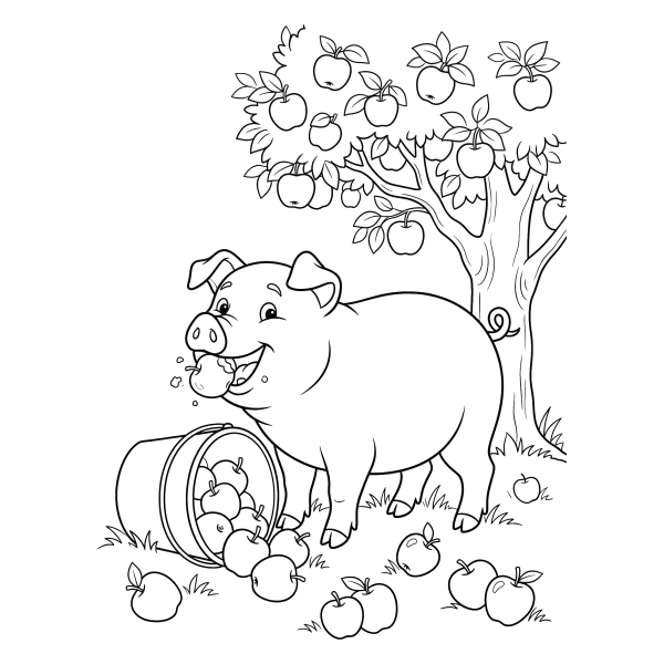 Coloriage Coloriage Cochon avec un Seau de Pommes à imprimer