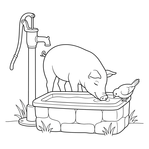 Coloriage Coloriage Cochon près de l'Abreuvoir à imprimer