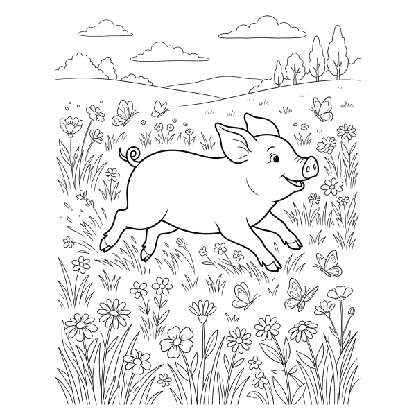 Coloriage Coloriage Cochon qui Court dans le Pré à imprimer