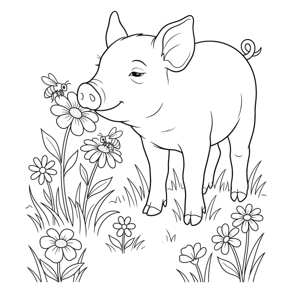 Coloriage Coloriage Cochon qui Renifle une Fleur à imprimer