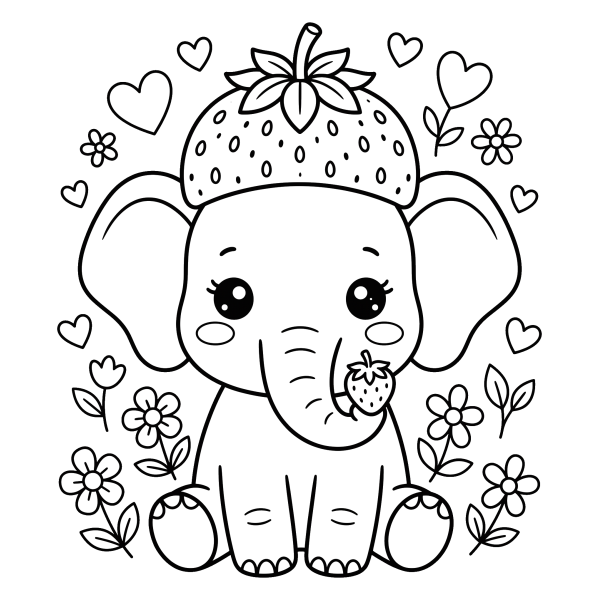 Coloriage Coloriage Éléphant Fraise Kawaii à imprimer