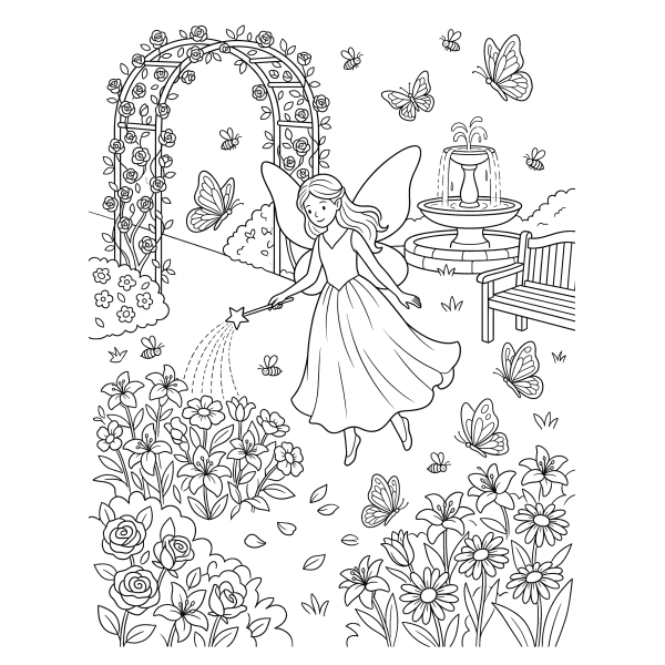 Coloriage Coloriage Fée au Cœur d'un Jardin à imprimer