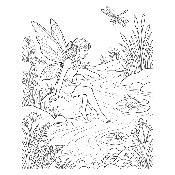 Coloriage Coloriage Fée près d'un Ruisseau à imprimer