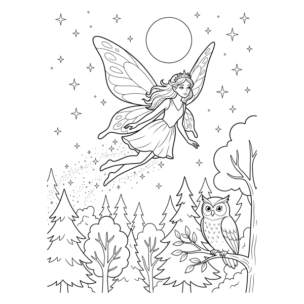 Coloriage Coloriage Fée qui Vole au Clair de Lune à imprimer