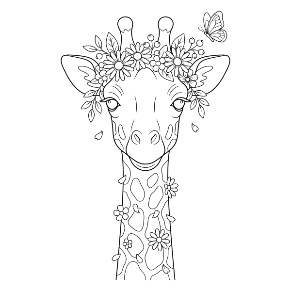 Coloriage Coloriage Girafe avec une Couronne de Fleurs à imprimer