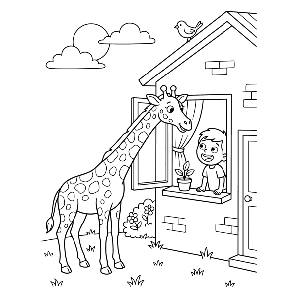 Coloriage Coloriage Girafe Curieuse à la Fenêtre à imprimer