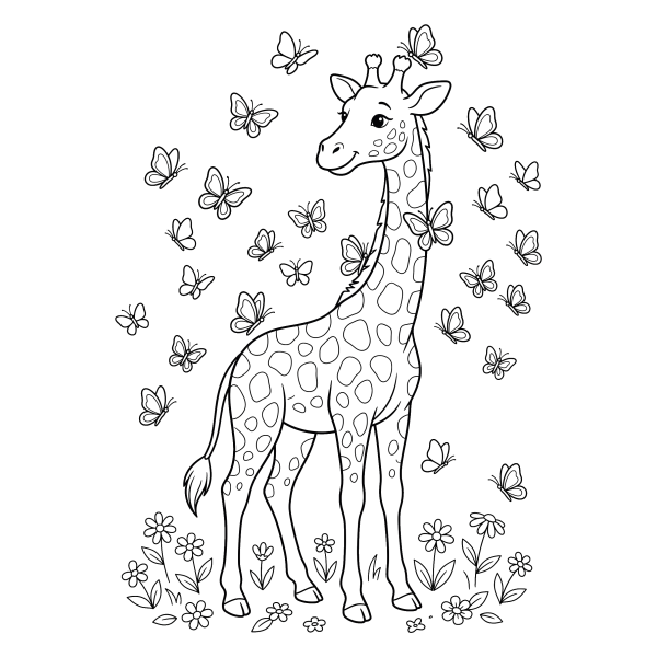 Coloriage Coloriage Girafe Entourée de Papillons à imprimer