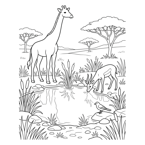 Coloriage Coloriage Girafe près du Point d'Eau à imprimer