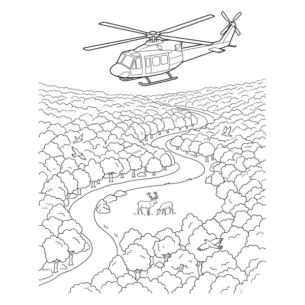 Coloriage Coloriage Hélicoptère au-dessus de la Forêt à imprimer