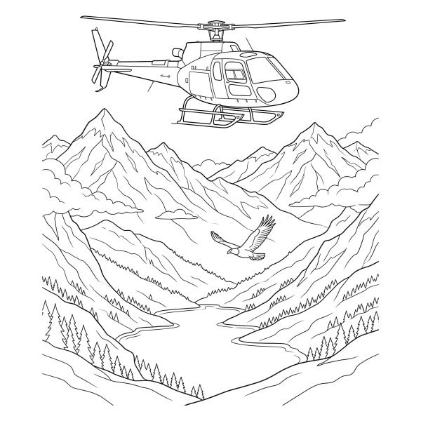 Coloriage Coloriage Hélicoptère au-dessus des Montagnes à imprimer