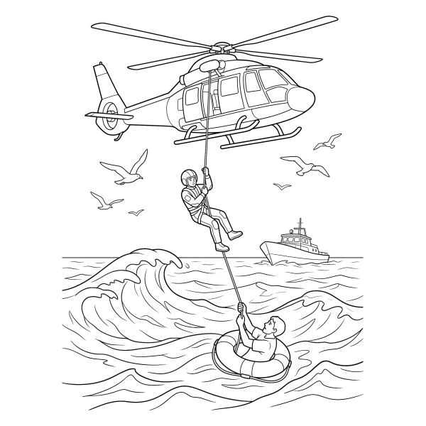Coloriage Coloriage Hélicoptère de Sauvetage en Mer à imprimer