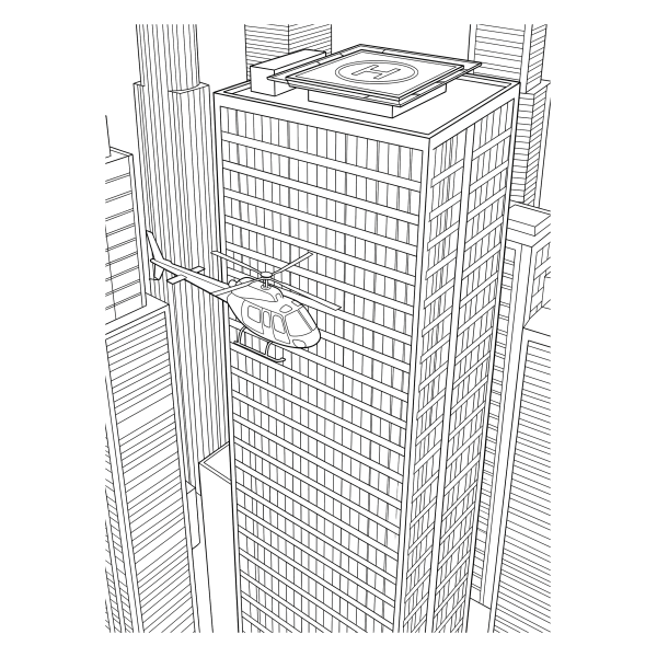 Coloriage Coloriage Hélicoptère près d'un Gratte-ciel à imprimer