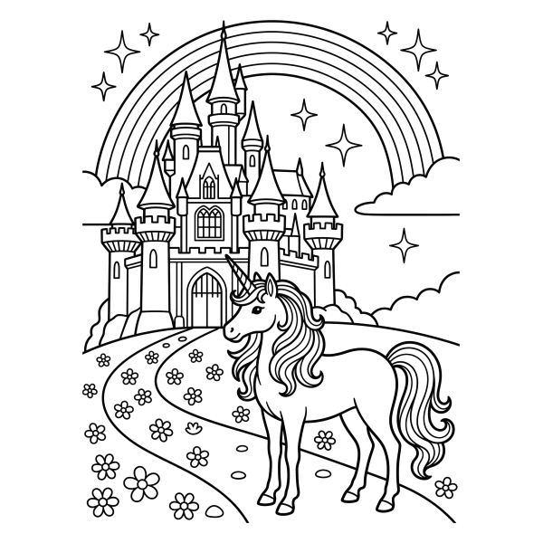Coloriage Coloriage Licorne Arc-en-Ciel Château à imprimer