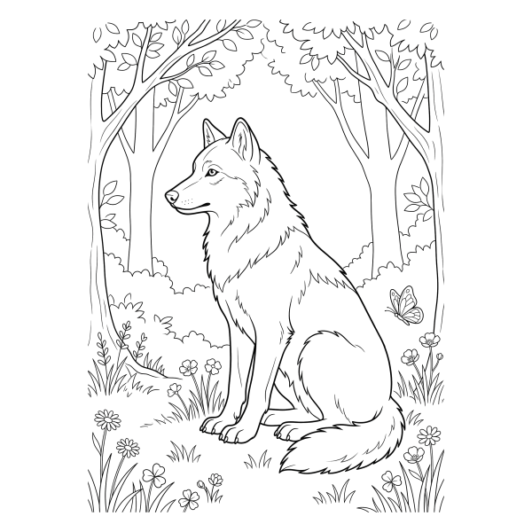 Coloriage Coloriage Loup Assis dans la Clairière à imprimer