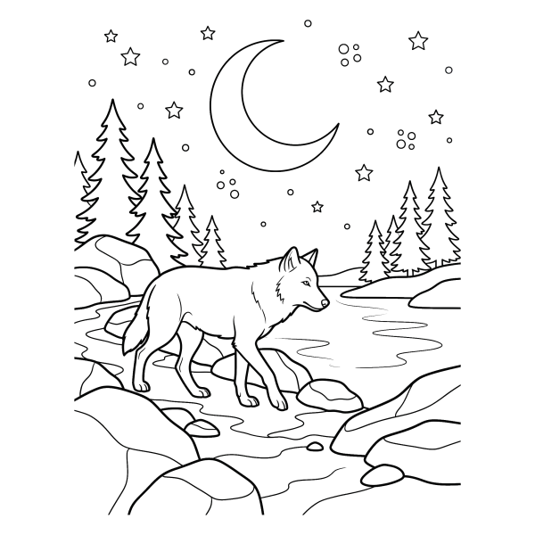 Coloriage Coloriage Loup au Clair de Lune à imprimer