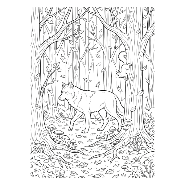 Coloriage Coloriage Loup dans la Forêt d'Automne à imprimer