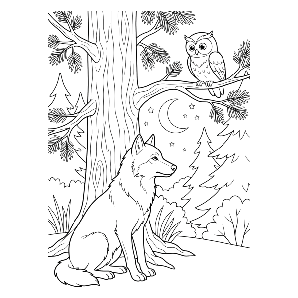 Coloriage Coloriage Loup et Hibou la Nuit à imprimer