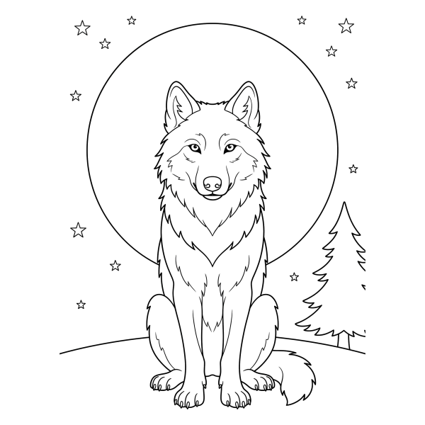 Coloriage Coloriage Loup et Lune Ronde à imprimer