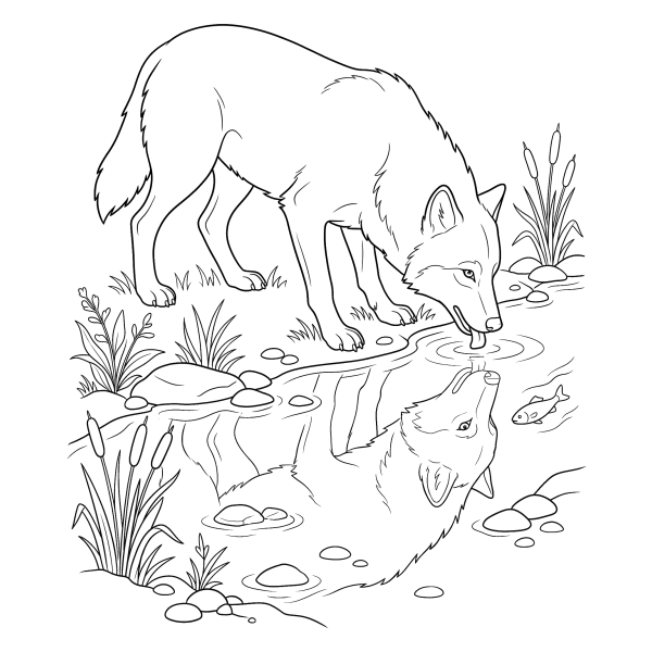 Coloriage Coloriage Loup près d'un Ruisseau à imprimer