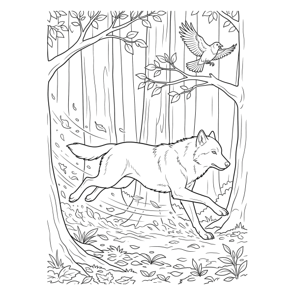 Coloriage Coloriage Loup qui Court entre les Arbres à imprimer