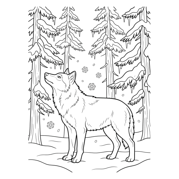 Coloriage Coloriage Loup sous les Sapins Enneigés à imprimer