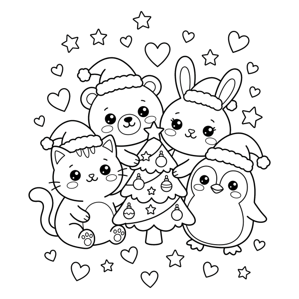 Coloriage Coloriage Noël Animaux Kawaii à imprimer