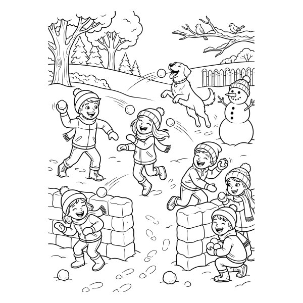 Coloriage Coloriage Noël Bataille de Boules de Neige à imprimer