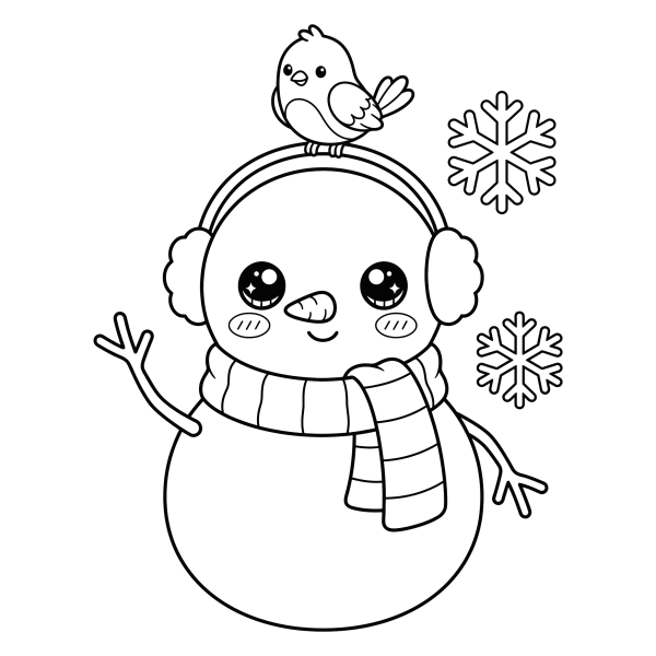 Coloriage Coloriage Noël Bonhomme de Neige Kawaii à imprimer