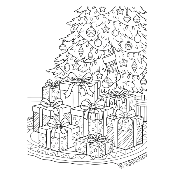 Coloriage Coloriage Noël Cadeaux sous le Sapin à imprimer