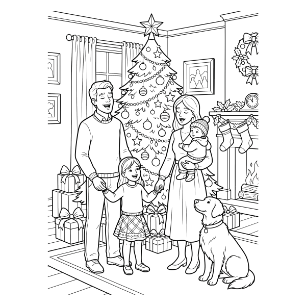 Coloriage Coloriage Noël Famille autour du Sapin à imprimer