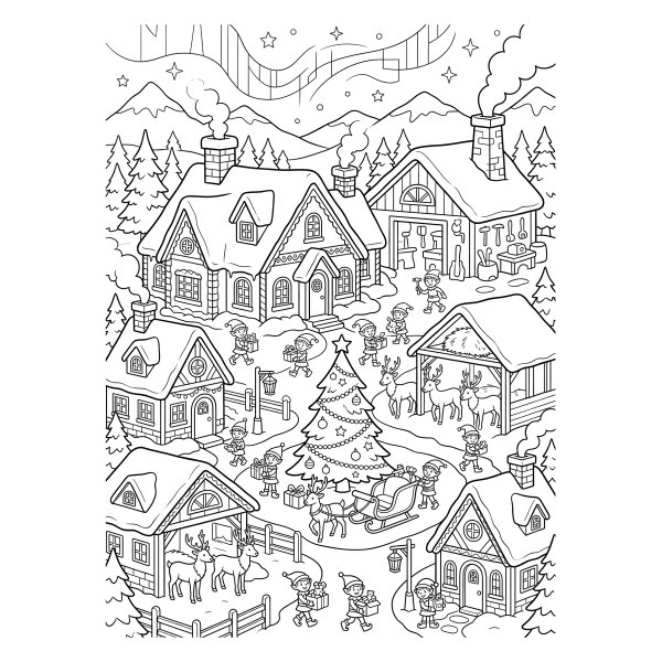 Coloriage Coloriage Noël Village du Père Noël à imprimer