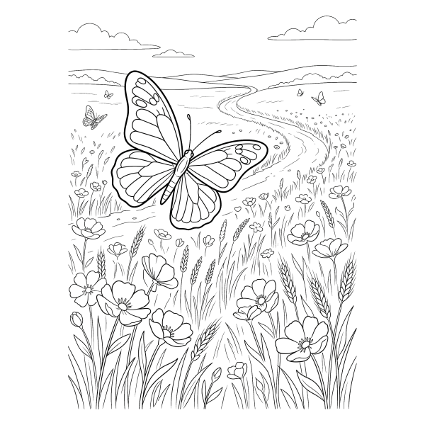 Coloriage Coloriage Papillon au-dessus d'un Champ à imprimer